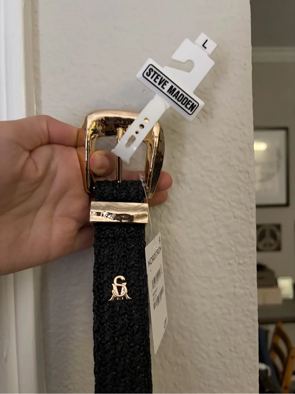 NWT Steve Madden Black Woven Belt with Gold Buckle